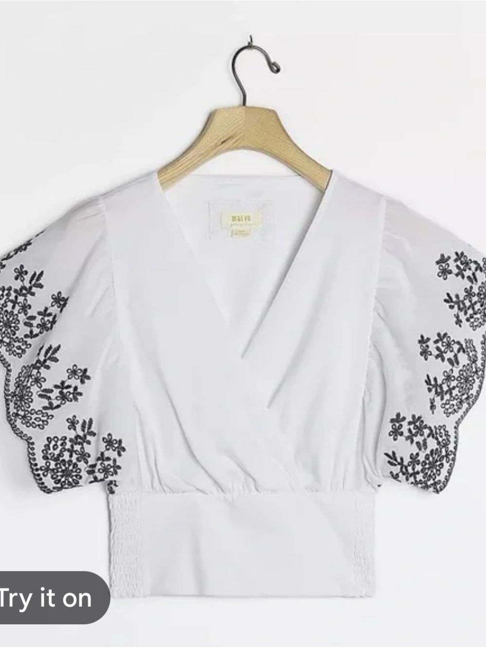 Mauve White V‑Neck Puff Sleeve Top with Black Floral Embroidery